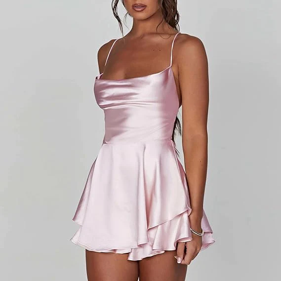 Satin Cowl Neck Spaghetti Strap Tiered Ruffle Fit and Flare Mini Dress - View 7