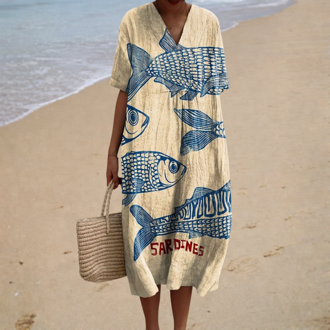 V-Neck Short Sleeve Sardine Fish Print Midi Dress