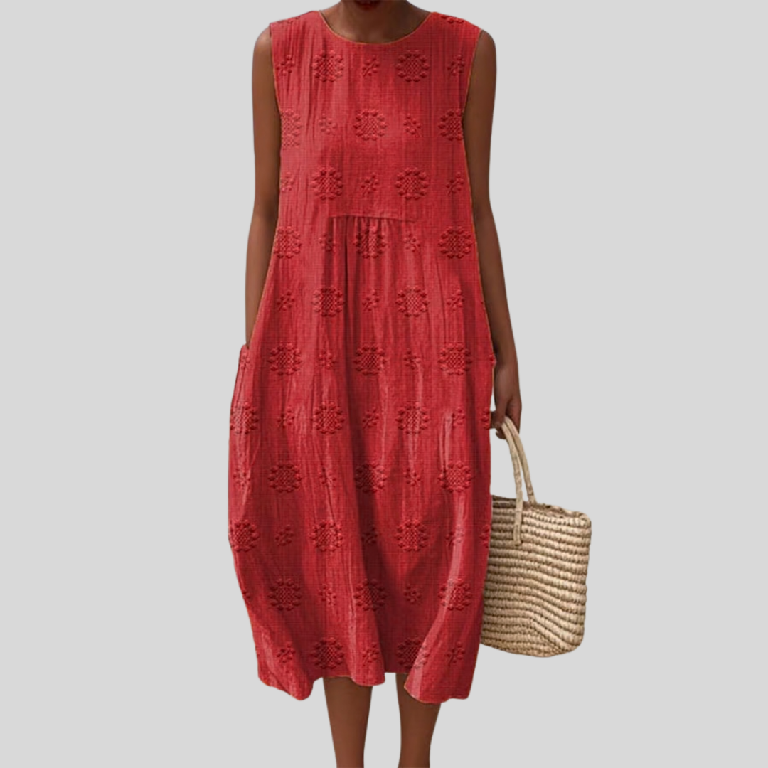 Textured Round Neck Sleeveless Pocket Midi Dress