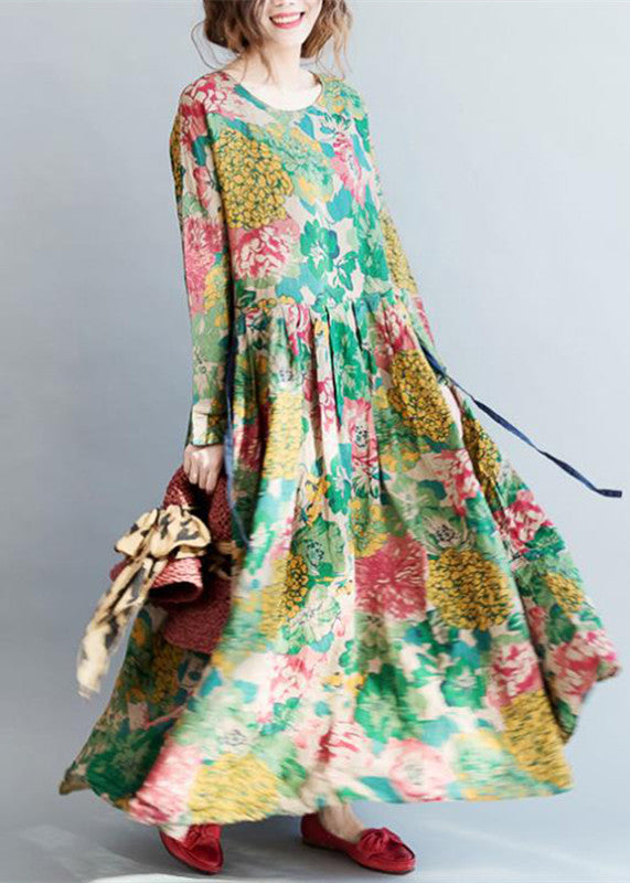 Tropical Print Long Sleeve Crew Neck Flowy Maxi Dress - View 2