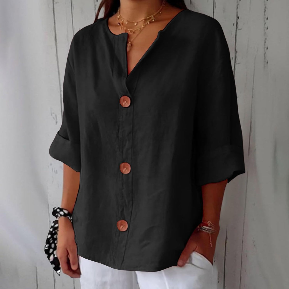 Split Neck Roll Sleeve Button Front Blouse 12