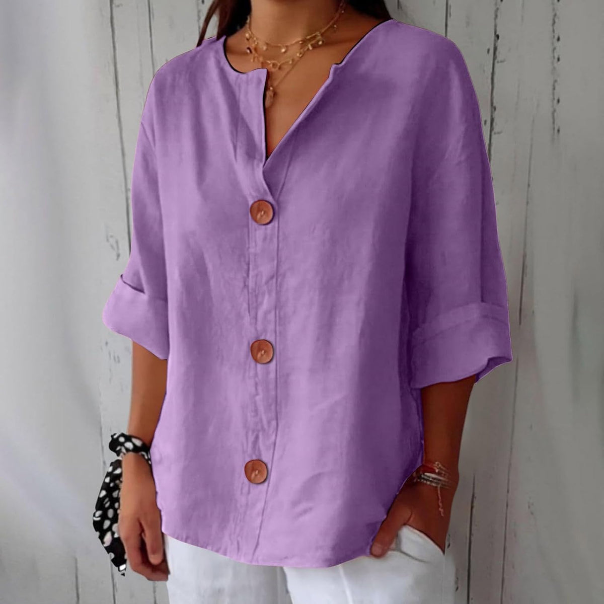 Split Neck Roll Sleeve Button Front Blouse 11