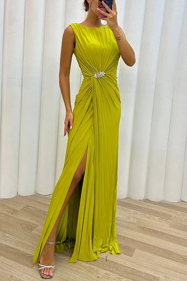 Crew Neck Sleeveless Micro Pleat Rhinestone Waist High Split Maxi Gown