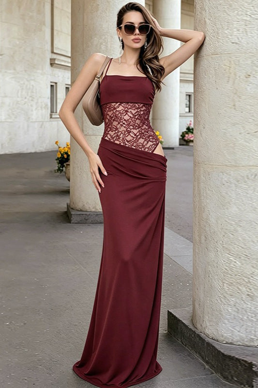 Square Neck Spaghetti Strap Lace Corset Ruched Mermaid Maxi Dress 2