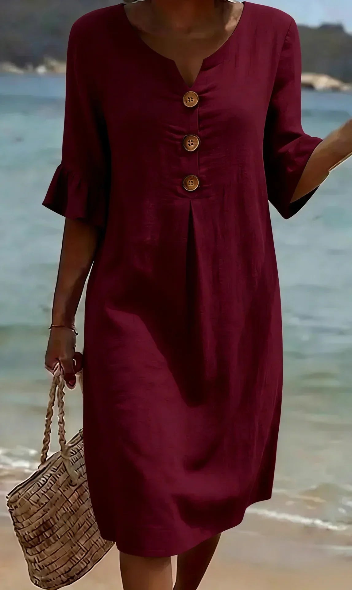 V-Neck Button Front Ruffle Sleeve Midi Dress 7