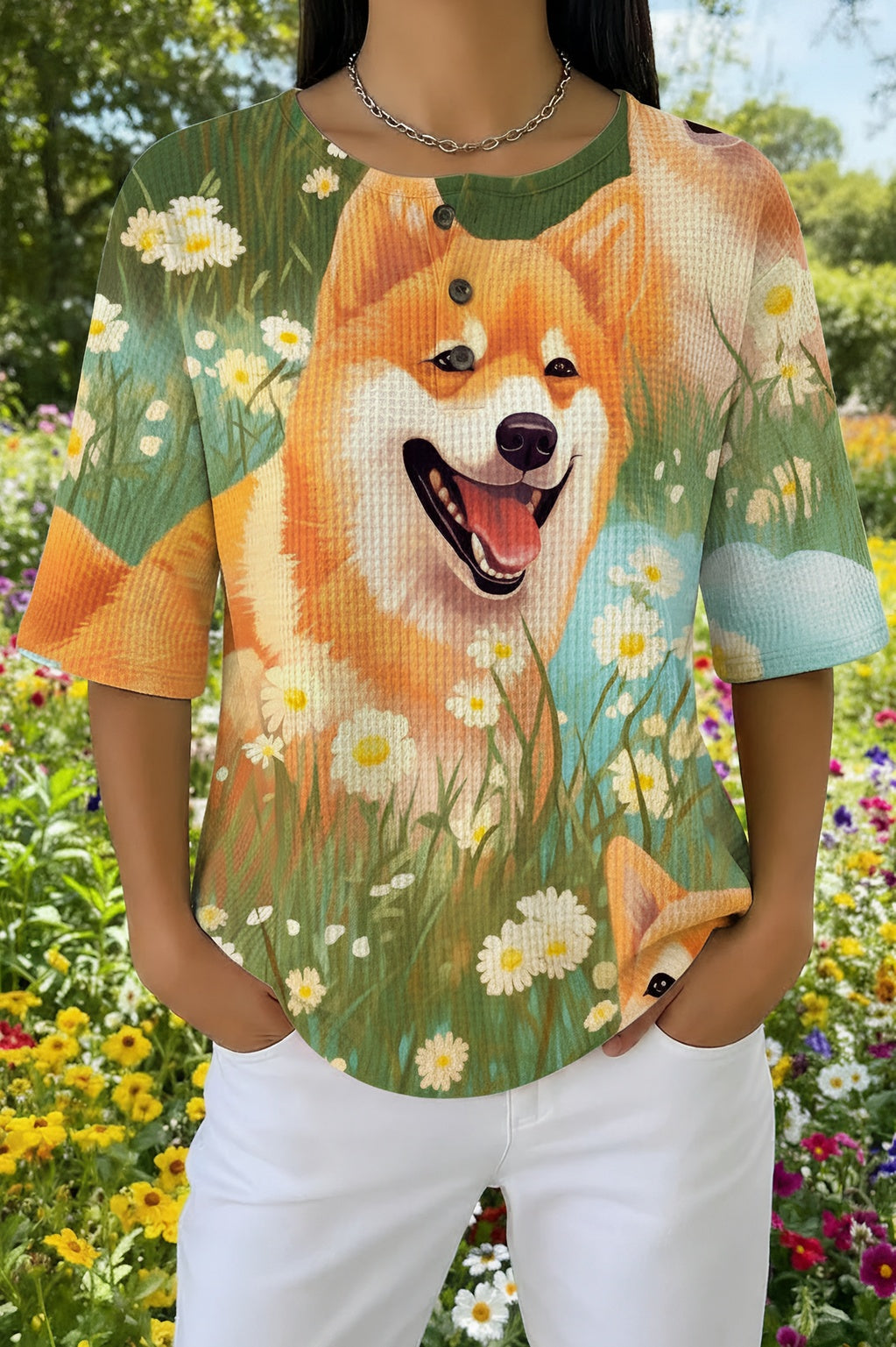 Shiba Inu Floral Print Henley Waffle Knit Top