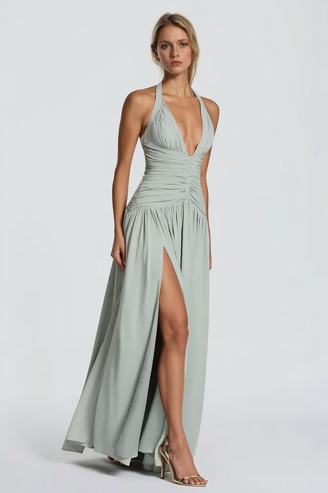 Halter Neck Deep V-Neck Ruched High Split Maxi Dress - View 7