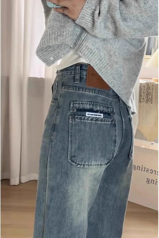 High-Waist Vintage Washed Wide-Leg Denim Jeans