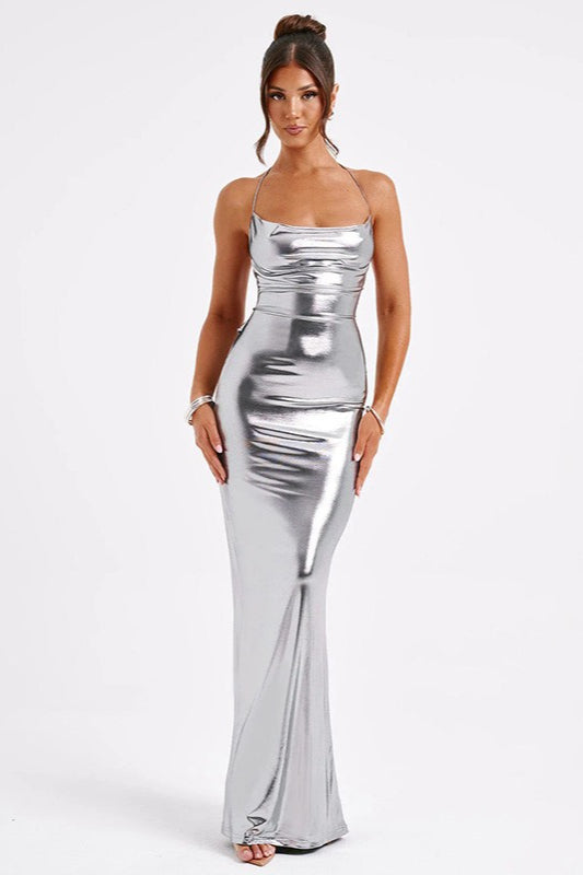 Metallic Spaghetti Strap Ruched Bodycon Fishtail Maxi Dress - View 14