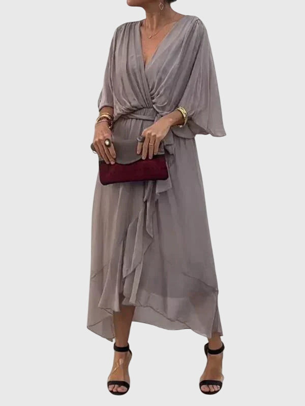 Chiffon V-Neck Batwing Sleeve Belted High Low Midi Dress 6
