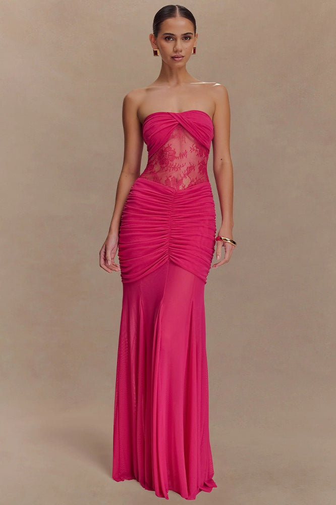 Strapless Twist Front Lace Corset Ruched Mermaid Maxi Dress 4