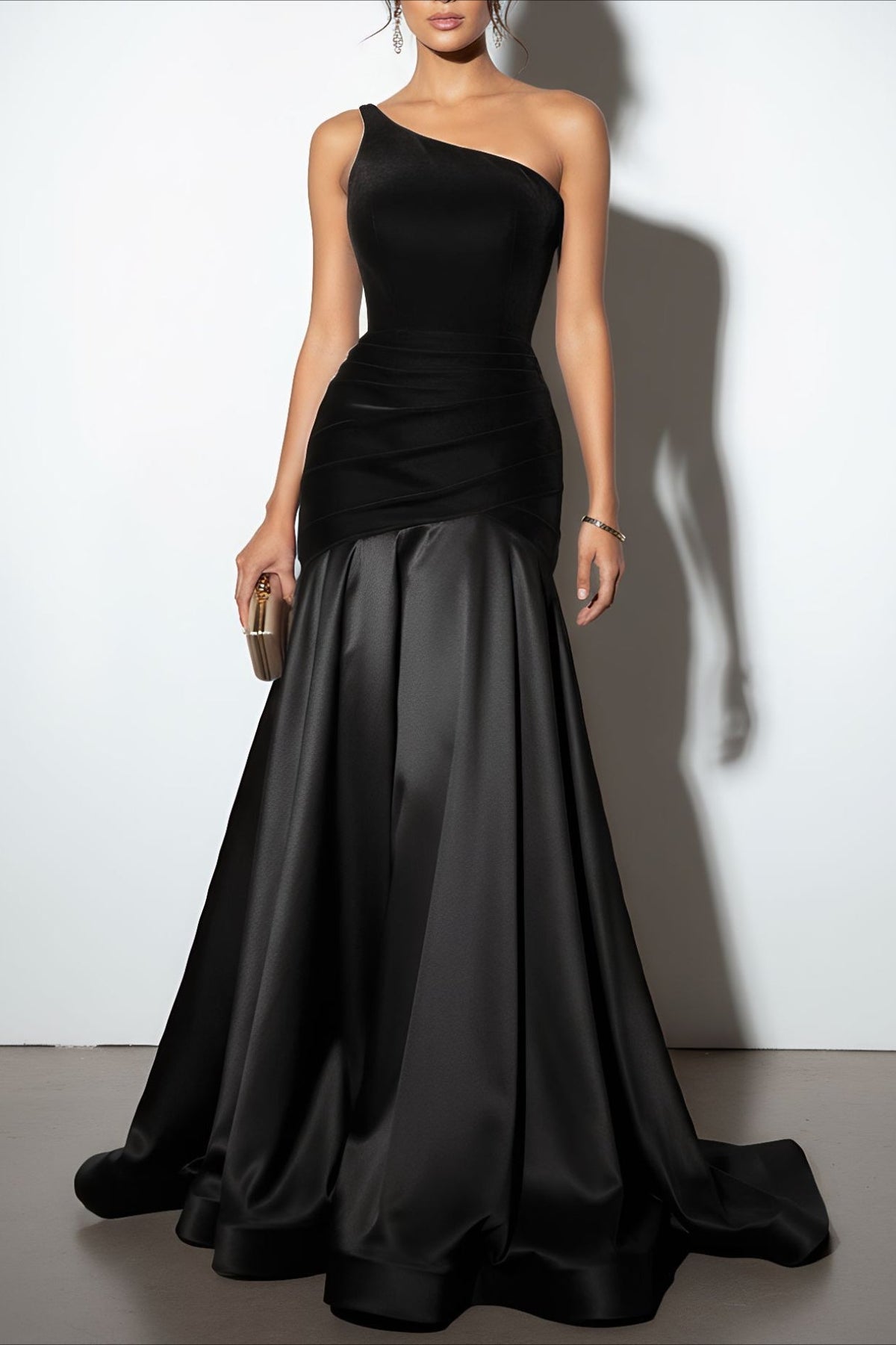 One Shoulder Ruched Velvet Satin Mermaid Gown 2