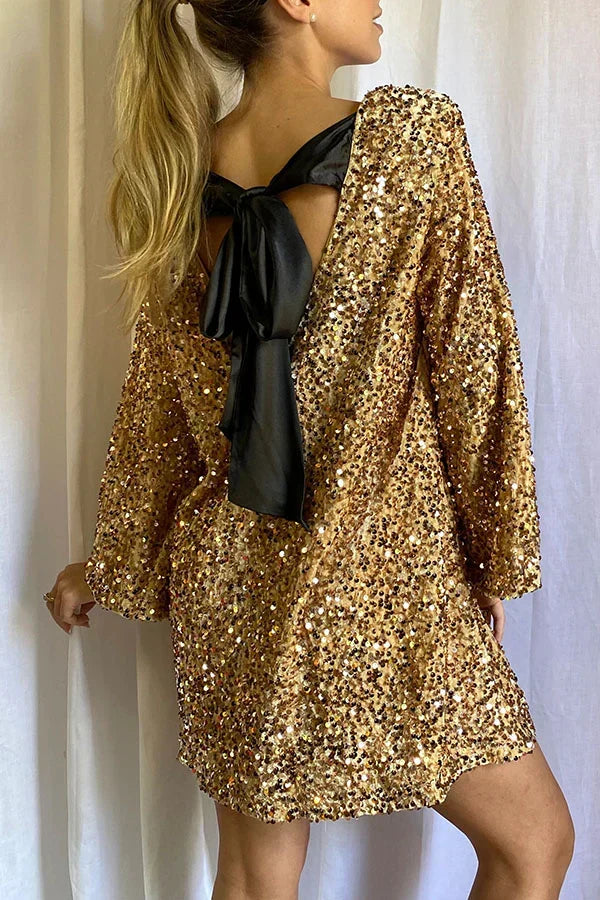 Sequin Long Sleeve Open Back Oversized Bow Back Mini Party Dress - View 7