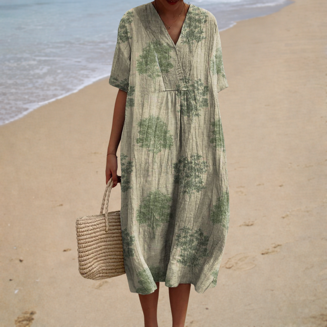 Tree Print V-Neck Short Sleeve Cocoon Midi Dress