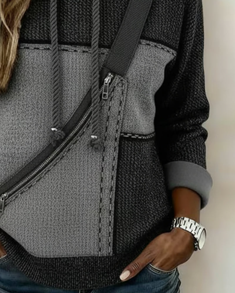 Hooded Colorblock Diagonal Zip Drawstring Sweatshirt 2
