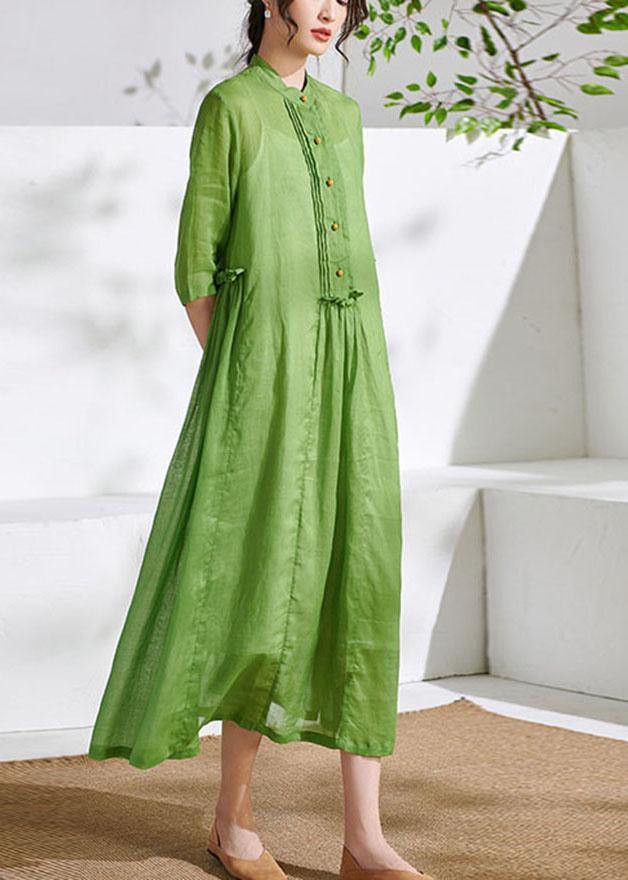 Mandarin Collar Button Placket Pintuck Drop Waist Half Maxi Dress