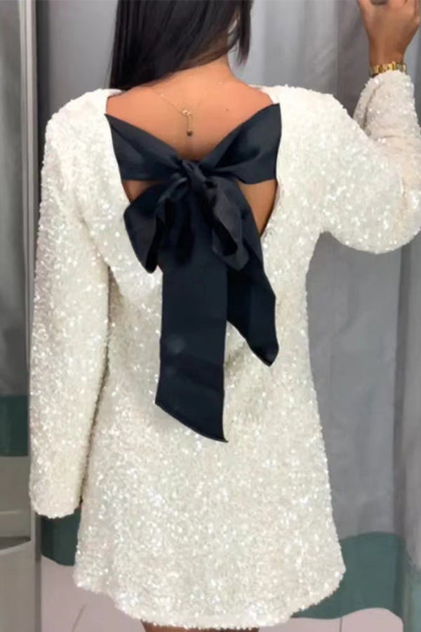 Sequin Round Neck Long Sleeve Oversized Swing Mini Dress - View 5
