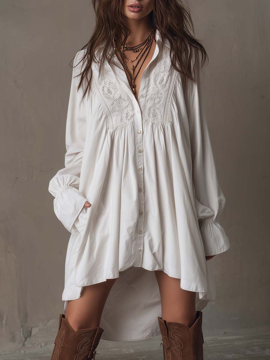 Lace Trim Long Sleeve High Low Shirt Dress 2