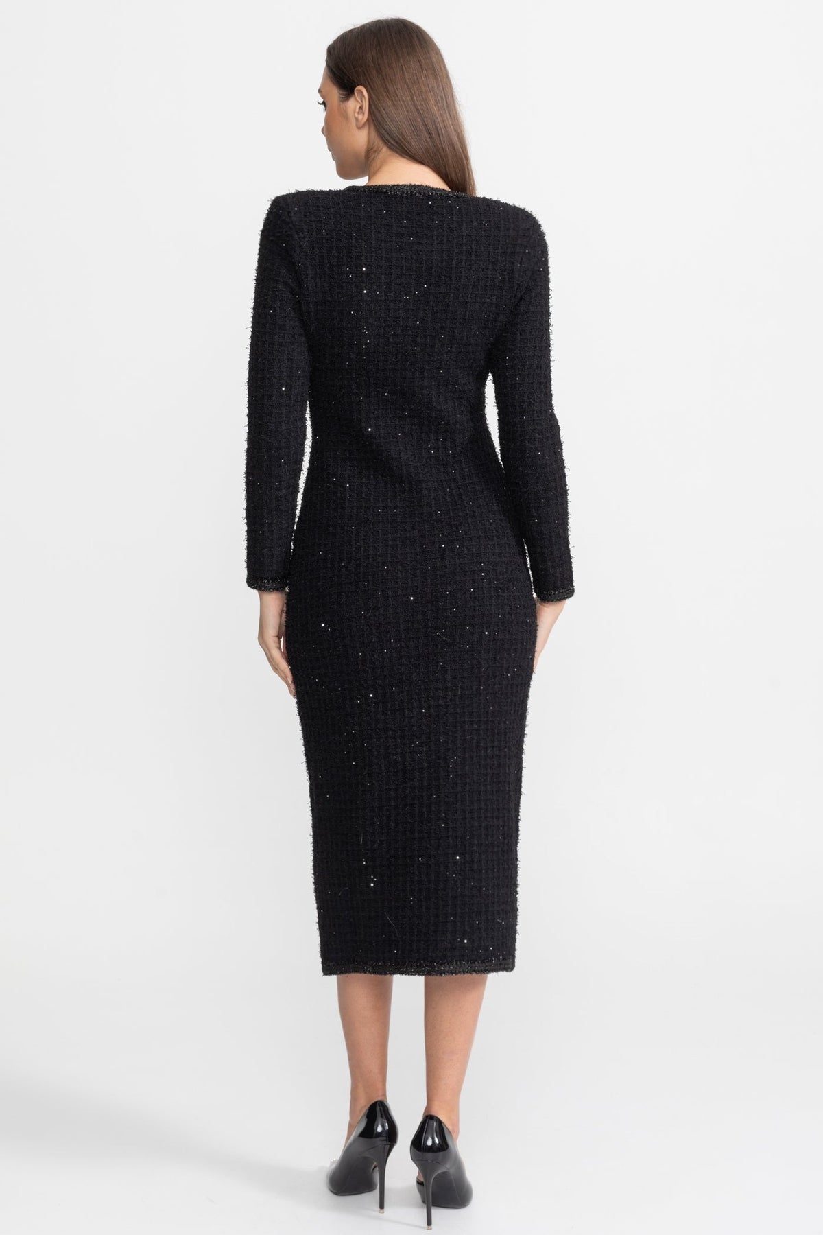 Sequin Tweed Long Sleeve Rhinestone Flower Sheath Midi Dress - View 5