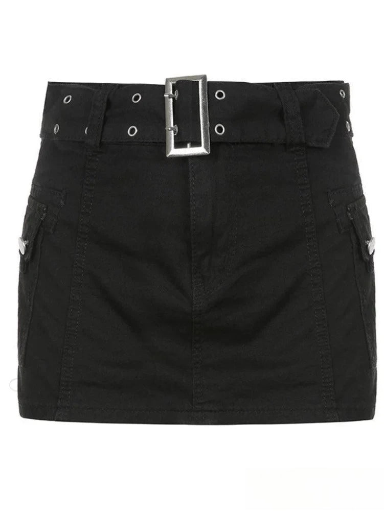 Buckle Belt Denim Pleated Mini Skirt