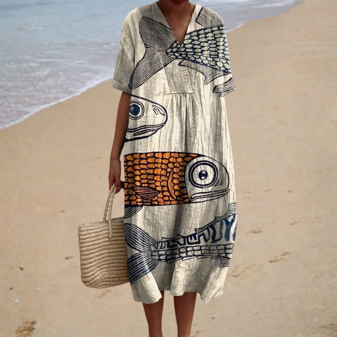 Fish Print V-Neck Short Sleeve Midi Beach Dress