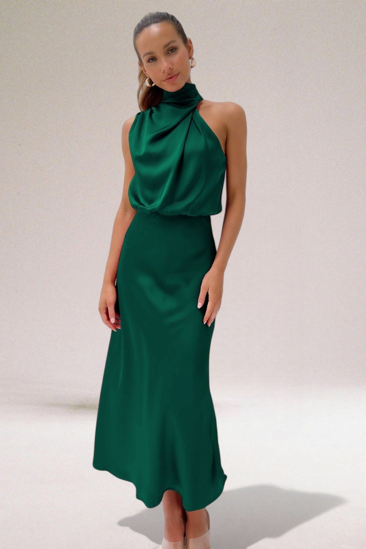 Halter Neck Draped Sleeveless Satin Maxi Dress 6
