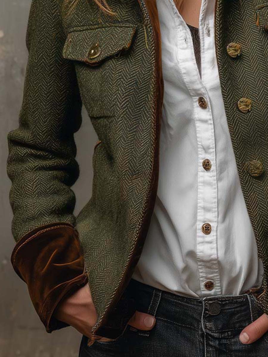 Herringbone Tweed Contrast Trim Button Front Jacket 5
