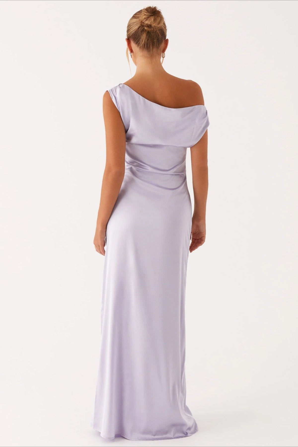 Satin Asymmetric One Shoulder Ruched Maxi Gown - View 18