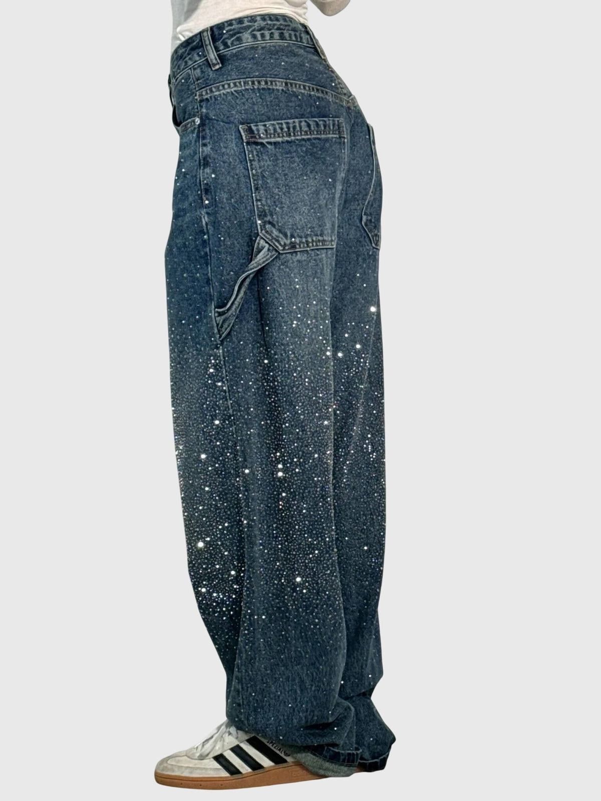 Rhinestone Embellished Wide Leg Cargo Jeans 3