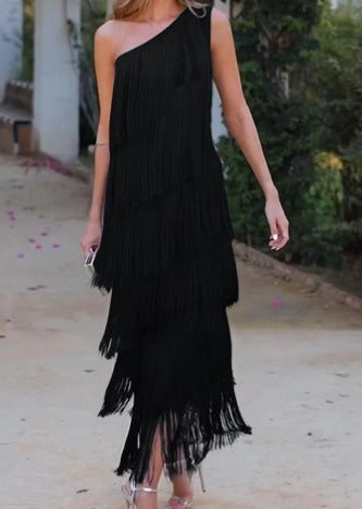 One Shoulder All Over Tiered Fringe Bodycon Midi Dress - View 4