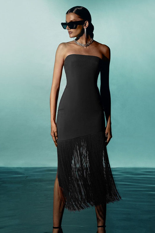 Strapless Fringe Trim High Split Bodycon Mini Party Dress - View 4
