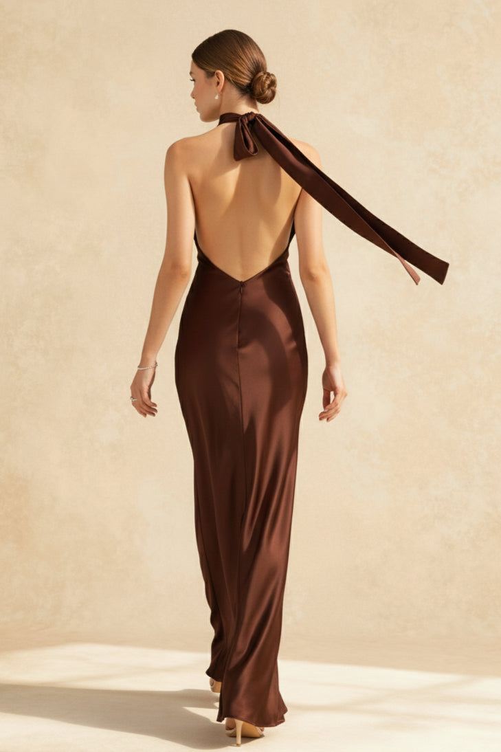 Vintage Solid Satin Backless Maxi Dress - View 5