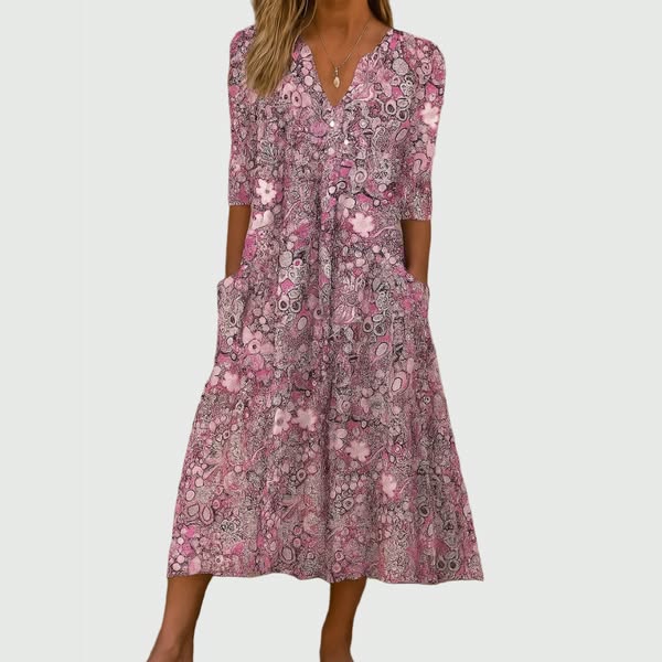 Floral Print V-Neck Half Sleeve Button Front Pocket Midi Dress 3
