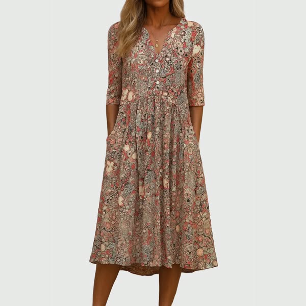 Floral Print V-Neck Half Sleeve Button Front Pocket Midi Dress 2