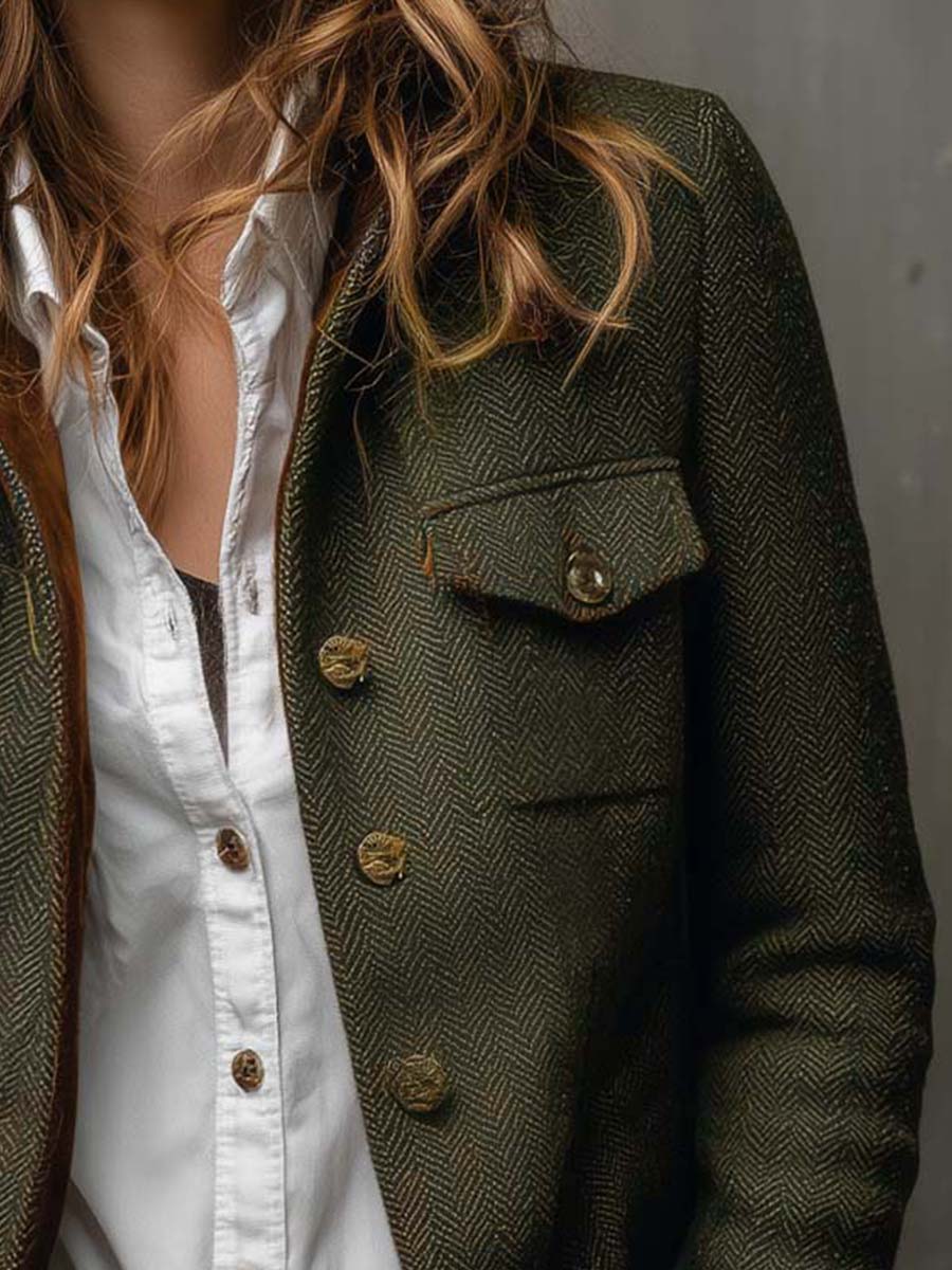 Herringbone Tweed Contrast Trim Button Front Jacket 6
