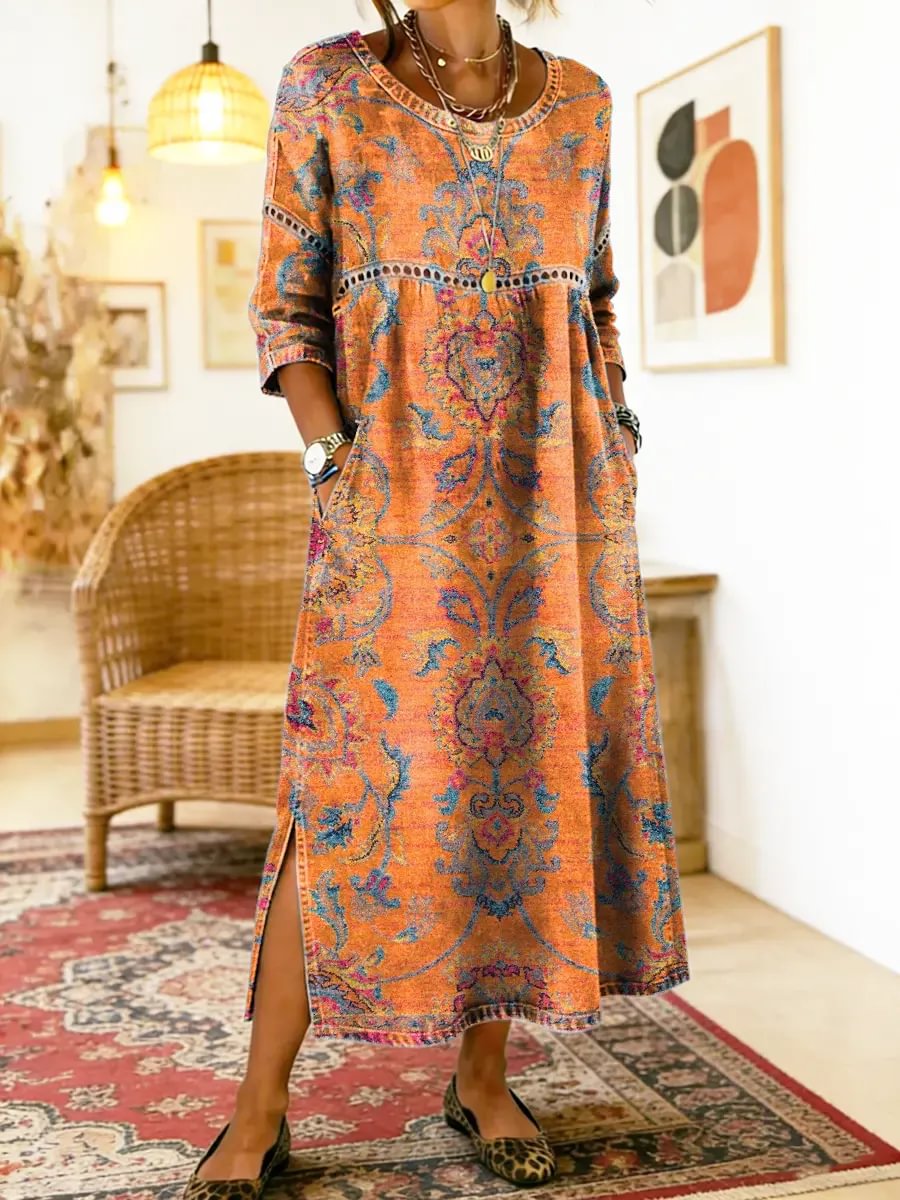 Ornate Print Round Neck Long Sleeve Pocket Maxi Dress