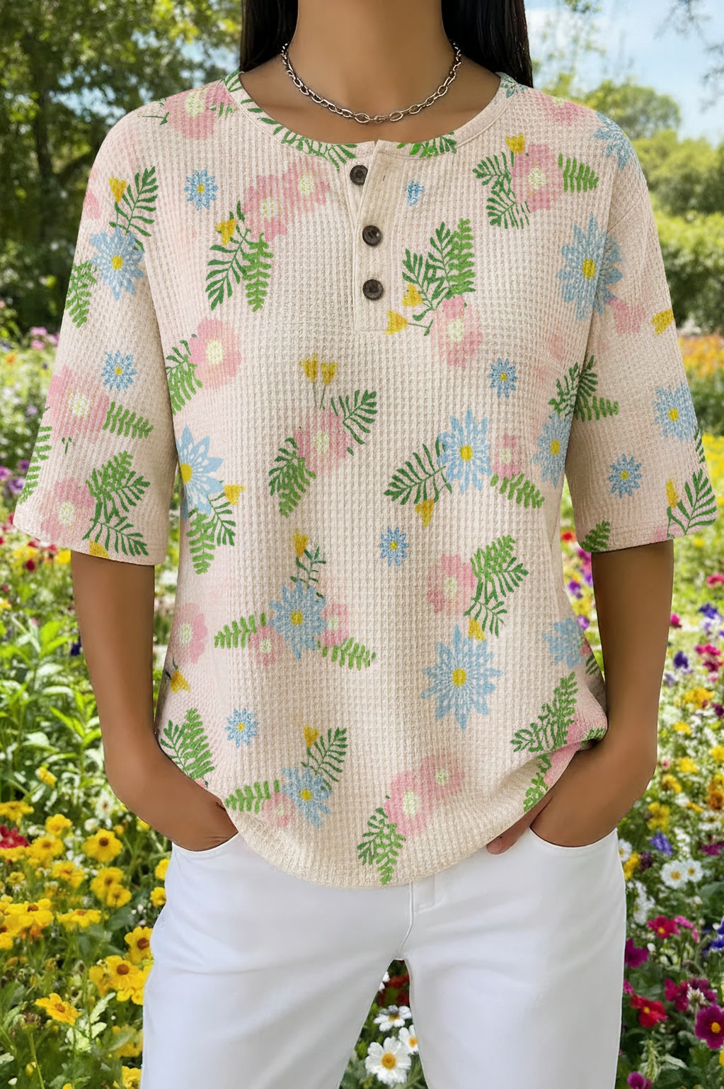 Floral Waffle Knit Button Henley Short Sleeve Top