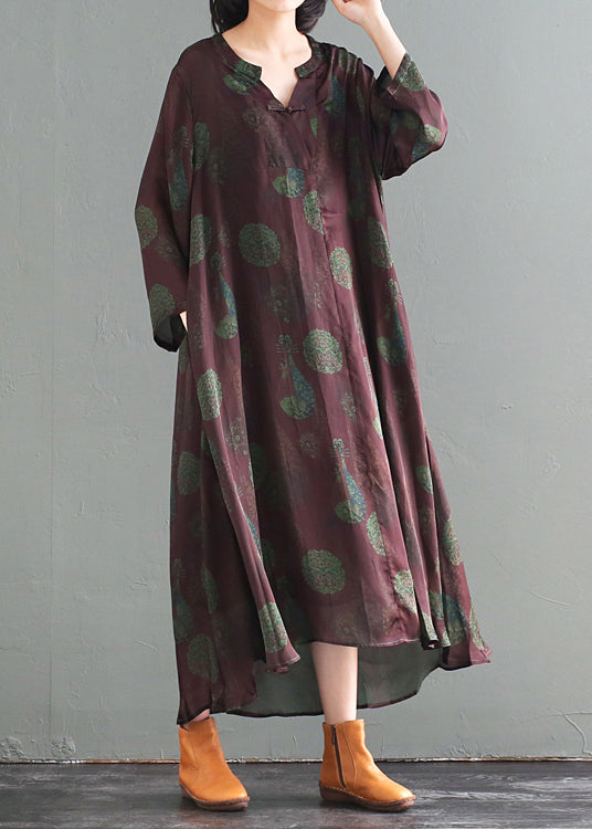 Medallion Print Mandarin Collar Frog Button High Low Maxi Dress