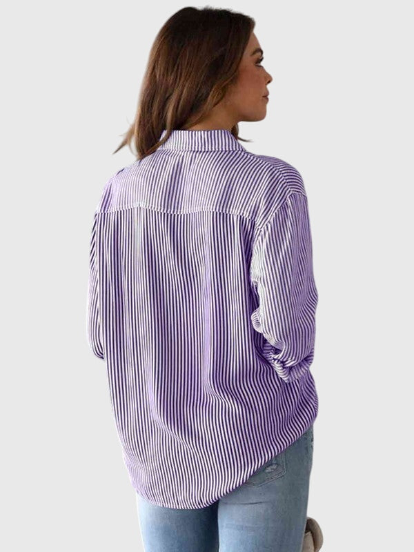 Striped Collared Three Quarter Sleeve Button Front Shirt 12