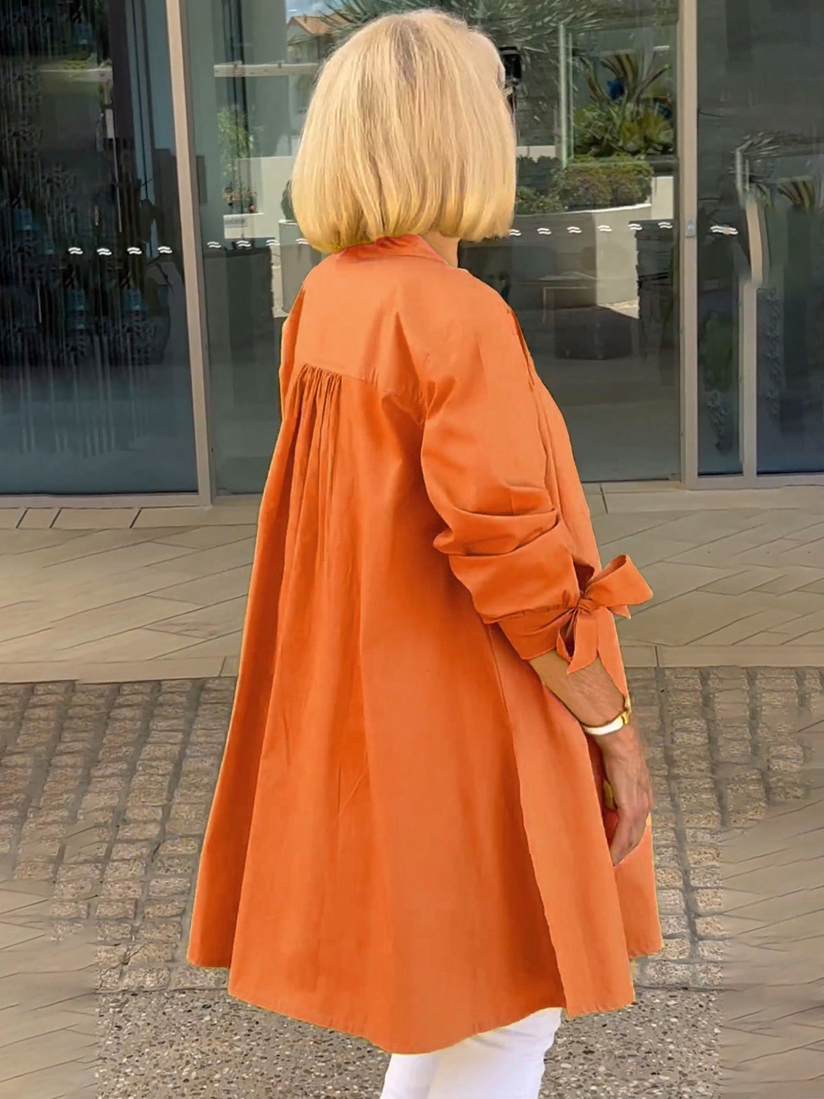 Band Collar Roll Sleeve Button Longline Shirt Jacket 23