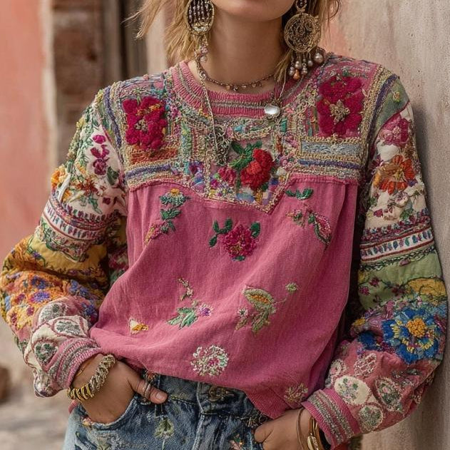 Floral Patchwork Embroidered Crew Neck Knit Sweater 3