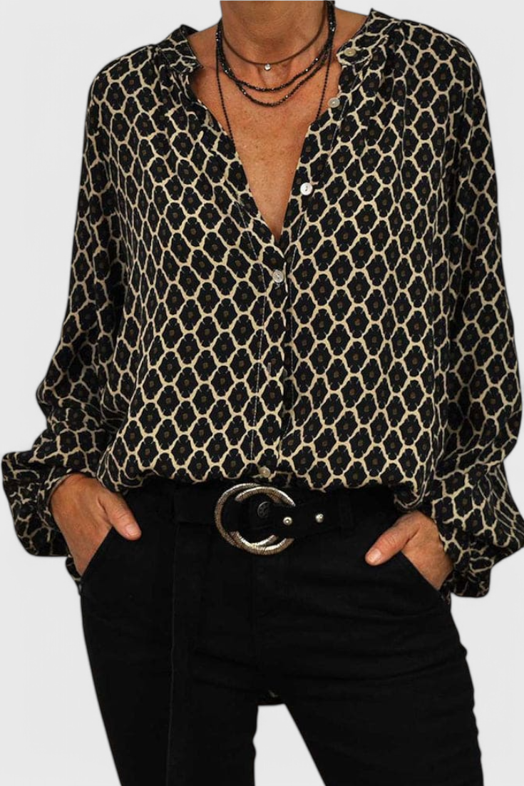Geometric Print Button Front Long Sleeve Blouse