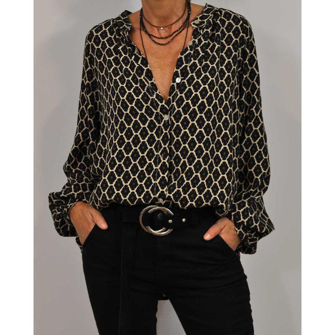 Geometric Print Split Neck Long Sleeve Blouse 5