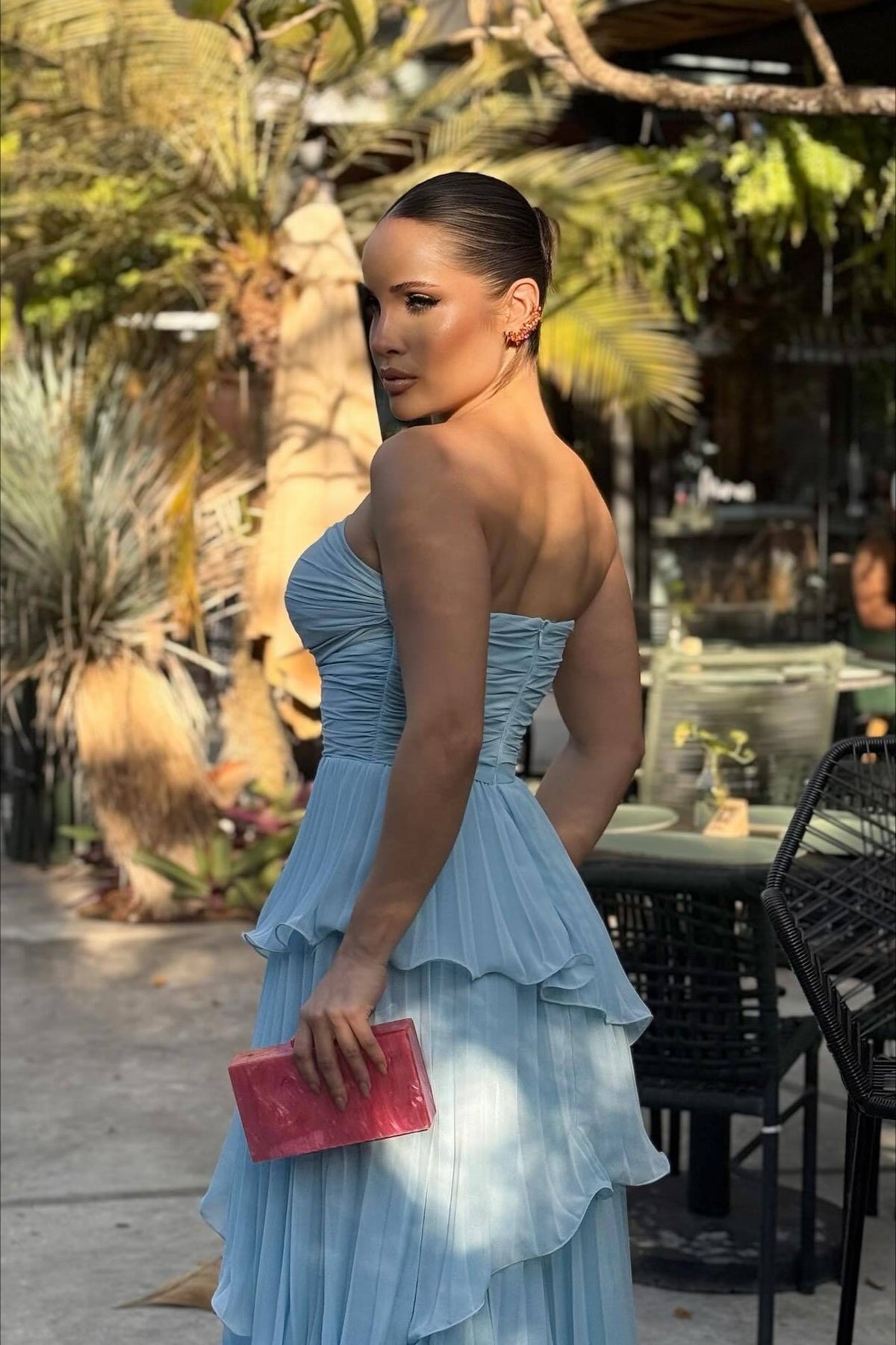 Strapless Ruched Tiered Pleated Chiffon Maxi Prom Dress - View 4