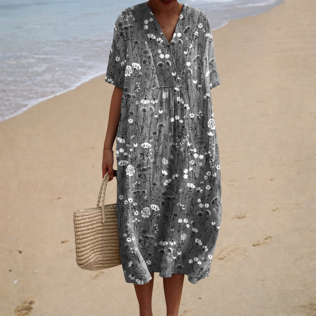 Wildflower Print V-Neck Short Sleeve Midi Beach Dress