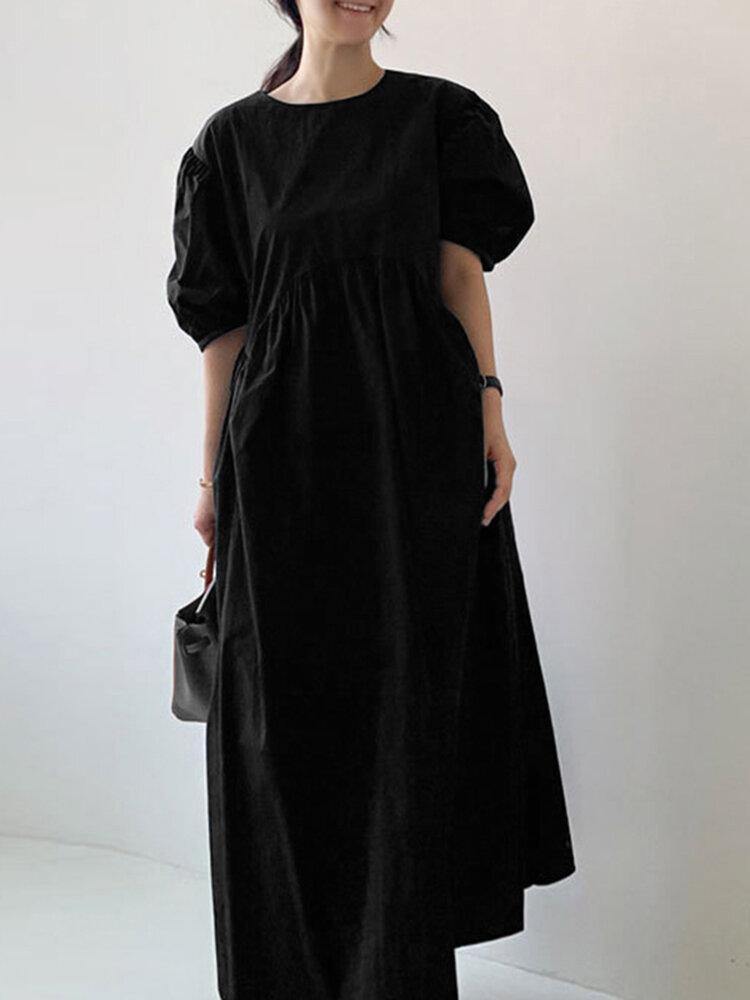 Puff Sleeve Round Neck Empire Waist Gathered Maxi Summer Dress - View 7