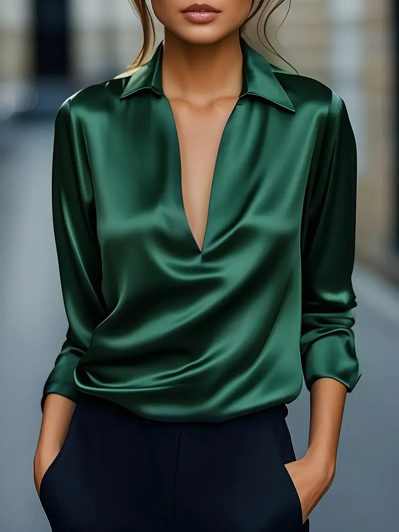 Collared Deep V-Neck Long Sleeve Satin Blouse 4