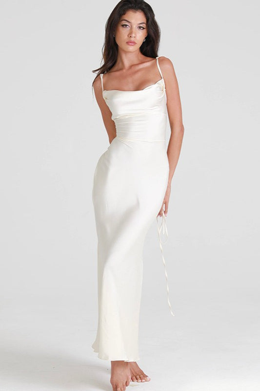 Satin Cowl Neck Spaghetti Strap Slim Maxi Prom Dress - View 7