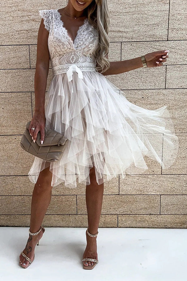 Lace V-Neck Tiered Tulle Fit and Flare Mini Dress - View 4