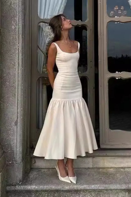 Vintage Sleeveless Square Neck Ruched Cocktail Dress in White
